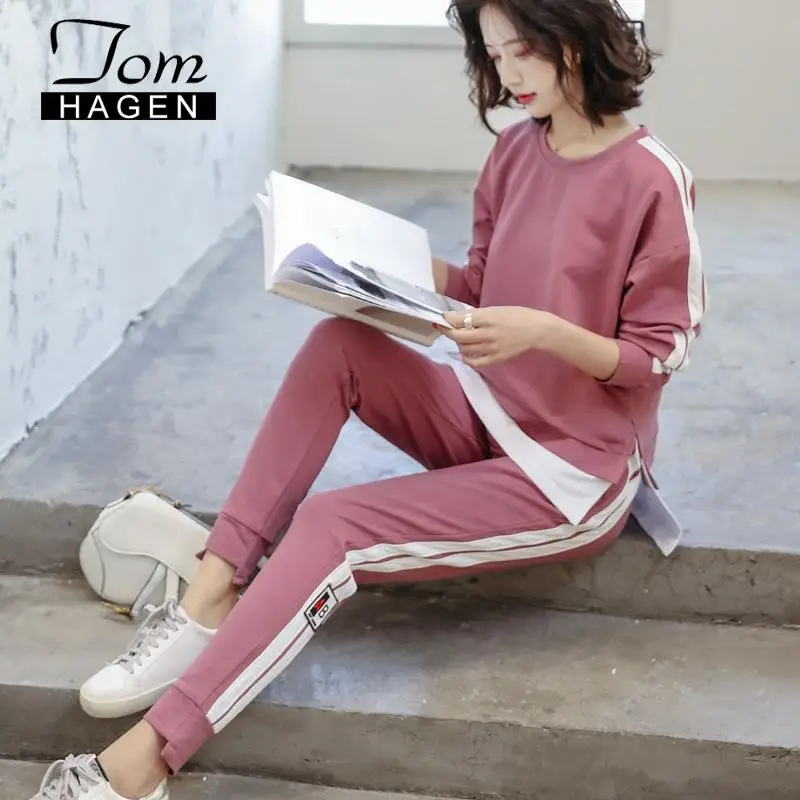 Весенний новый спортивный костюм с круглым вырезом длинным рукавом Женская