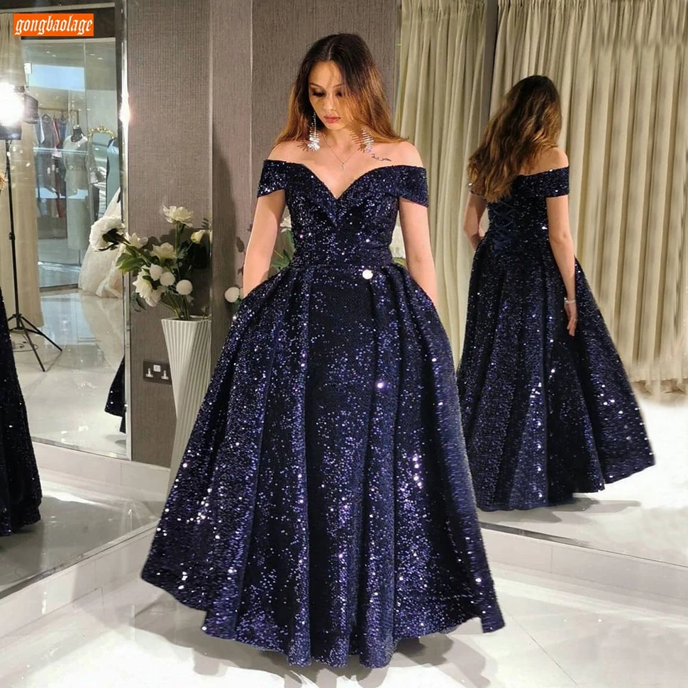 Sparkly Dark Navy Evening Dresses Long Off Shoulder Lace Up Bling Bling Sequined Formal Women Gowns Party 2020 Robe De Soiree formal dresses & gowns