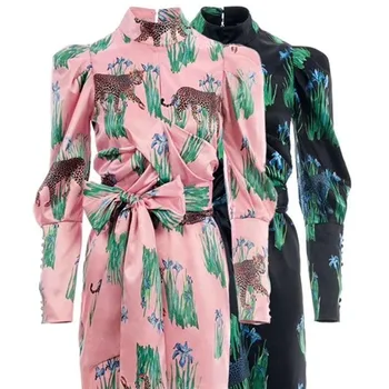 

2020 Spring and Summer New Fashion Printing Women Retro Light Mature Temperament Satin Women Dress Elegant