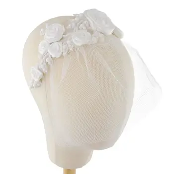 

Wedding Bride Handmade Rose Flower Headband with Veil Pearl Beaded Hair Hoop