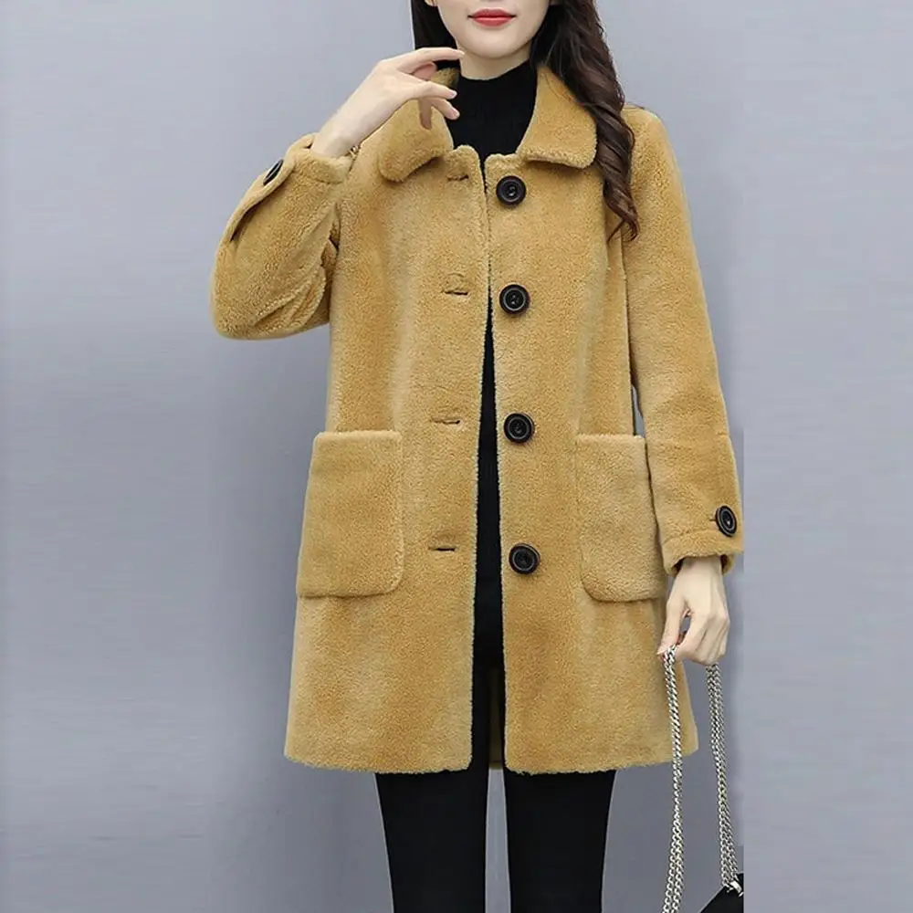 Зимнее женское пальто из искусственного меха на пуговицах средней длины размера плюс, флисовое пальто с длинным рукавом, свободная однотонная кашемировая верхняя одежда