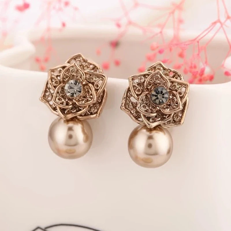 Корейская бижутерия OL золотые жемчужные серьги в стиле ретро с цветком розы