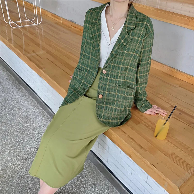 HziriP Green Plaid All Match Casual Women New Loose Chic Fresh Streetwear Fashion Elegant Office Lady Full-Sleeved Blazers