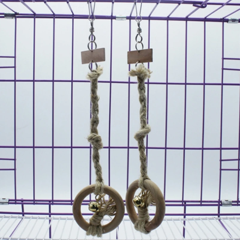 Parrot Bird Toys Swing Round Natural Wood Linen Rope Bell Hanging Cage Chew Bite