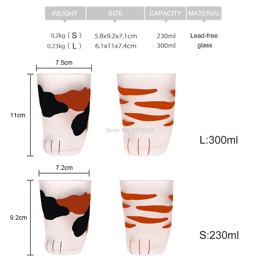 230/300ml Mug Heat-Resistant Glass Cat Cup Tiger Paws Office Matte Cat Paws Creative Milk Coffee Cup Cute Children Drink Bottle