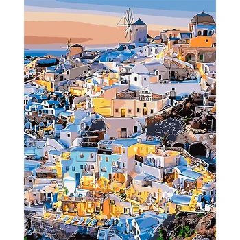 

Painting By Number Aegean Sea Oil Painting Greece Styling DIY Digital Acrylic Painted Home Hall Way Decoration Art For Kid 1356