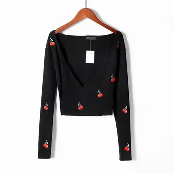 

FY001 Slim, big V-NECK, crossed waist, embroidered Cherry, long-sleeved knit top