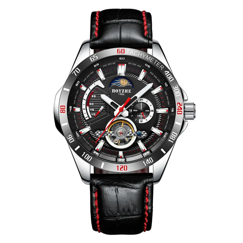 BOYZHE Роскошные Tourbillon часы Мужские автоматические механические часы мужские водонепроницаемые часы кожаный ремешок полые часы 24 часа дисплей - Цвет: Black