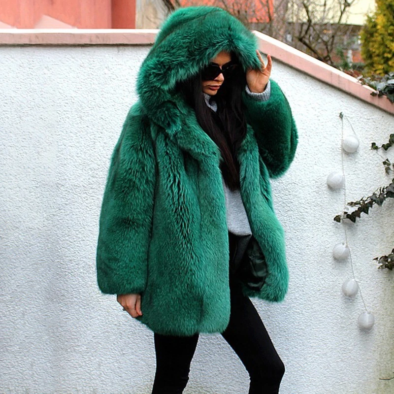 Роскошная зеленая натуральная Шуба из натурального Лисьего меха с большим капюшоном, Толстая теплая зимняя куртка из натурального меха голубой лисы для женщин, меховые пальто размера плюс