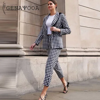 

Genayooa Office Lady Casual 2 Piece Set Women Pant And Top Plaid Ankle-length Pants Women Two Piece Outfits Spring New Arrival