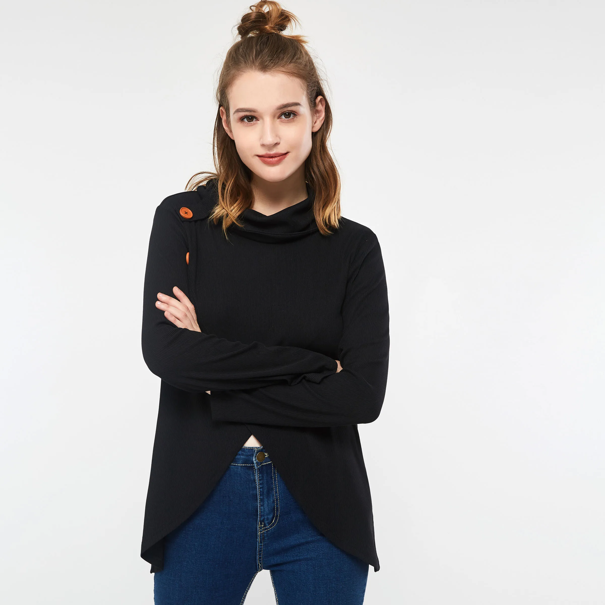 

Women Knitted Sweater Spring Autumn Bottoming Top Scarf Collar Warm Button Split Design Pullover Stretch Casual Black Knitwear
