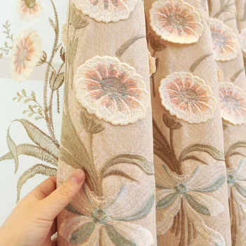 

Chinese Floral Embroidered Curtain For Living Room Bedroom Embossed Chenille Velvet Bay Window Treatment Drapes JS189C
