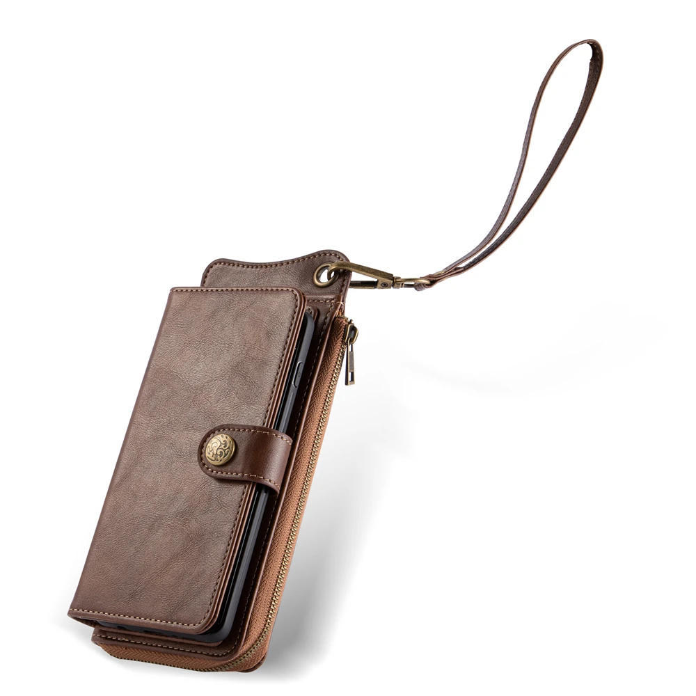 Luxury Leather Zipper Wallet Handbag Case for OnePlus 7 Pro Multi-Functional Detachable Flip Card Slot Magnetic Cover
