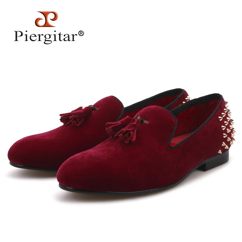 Piergitar Brand Burgundy Color Men Velvet Shoes Of Tassel And Spikes ...