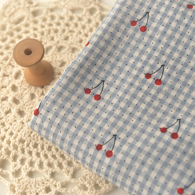 Half Meter Blue Little Plaid With Cherry Polyester Cotton Fabric For Cheongsam Shirt Dress Children Cloth Table Curtain | Дом и сад