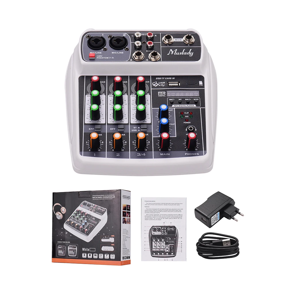 Muslady 4-канальный миксер аудио компактная звуковая карта микшерный пульт Цифровой BT MP3 USB Вход+ 48V Phantom Мощность для музыки Запись - Цвет: White EU Plug