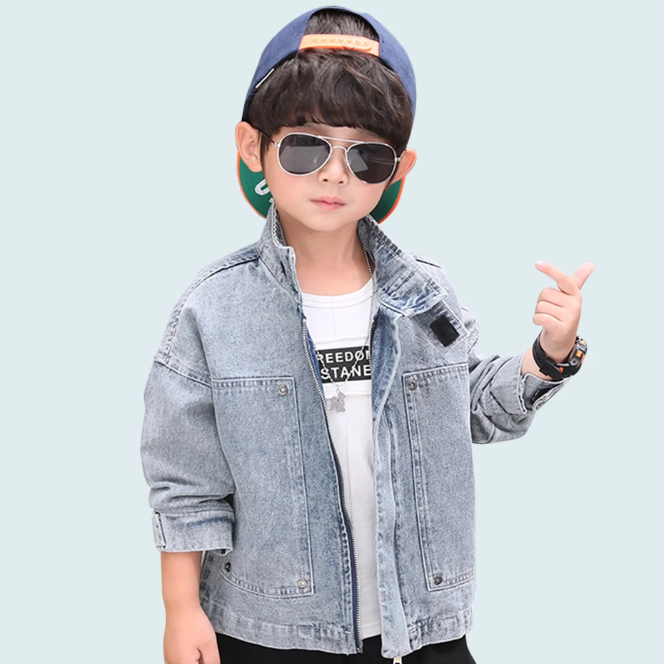 

New Jacket Boy Patchwork Velcro Denim Jacket For Boys Turn Down Collar Kids Jacket With Zipper Autumn Novelty Baby Boys Clothes