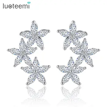 LUOTEEMI New Like Flowers Blossoming Stud Earrings Cubic Zircon Girl Brincos White Gold-Color Jewelry For Women Wedding Gift