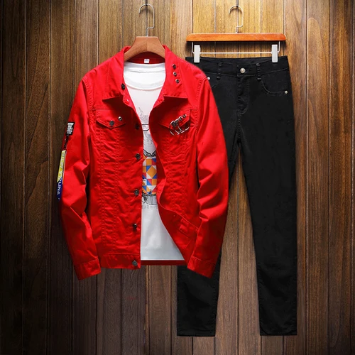 Весенне-осенняя мужская джинсовая куртка в Корейском стиле, джинсы, штаны, комплект из 2 предметов, с аппликацией и буквами, рваные брюки для мальчиков W - Цвет: 5