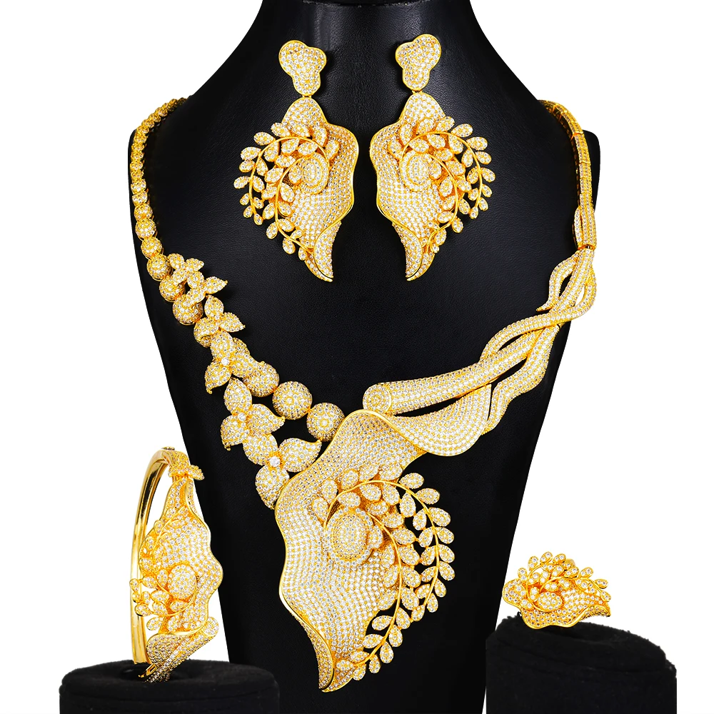 

GODKI Big Luxury 4PCS Leaf Drop African Jewelry set For Women Wedding Party Cubic Zircon Indian Dubai Bridal Jewelry Sets 2022