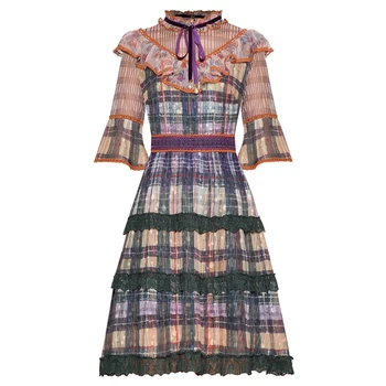 

HIGH QUALITY Newest 2020 Fashion Runway Dress Women's Half Sleeve Plaid Dress