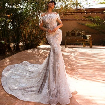 

Adoly Mey Graceful Appliques Court Train Lace Mermaid Wedding Dresses 2020 Luxury Boat Neck Beaded Flowers Trumpet Bridal Gown