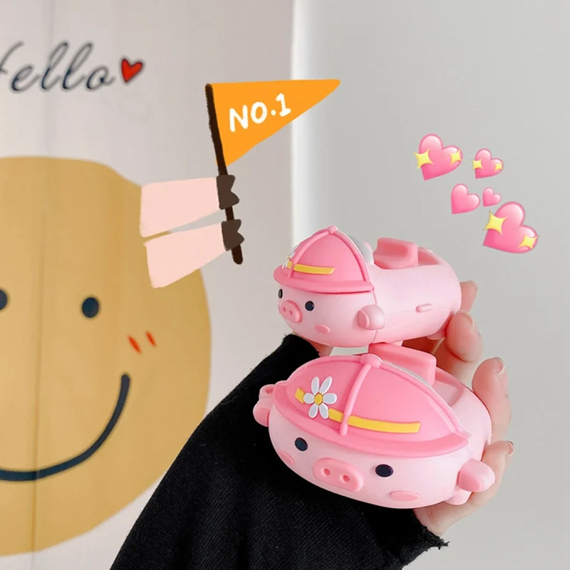 

3D Cartoon Pink Pig Soft Silicone Protector with Carabiner for Airpods 1 2 AirPods pro Anti-fall Protect Case Cover Charging Box