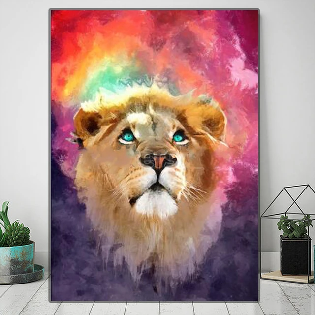 Painted colorful lion animal canvas