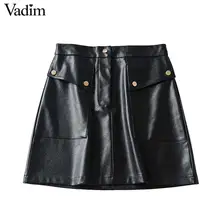 Vadim Женская шикарная черная юбка из искусственной кожи с заклепками и карманами, украшенная молнией, Женская Базовая модная мини-юбка трапециевидной формы mujer BA803