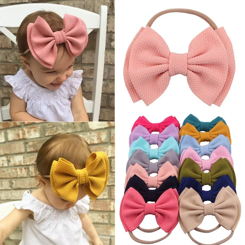 

Baby Headband with Big Waffle Hair Bow Nylon Hair Bands for Girls Solid Handmade Bowknot Head Band Children Hair Accessories