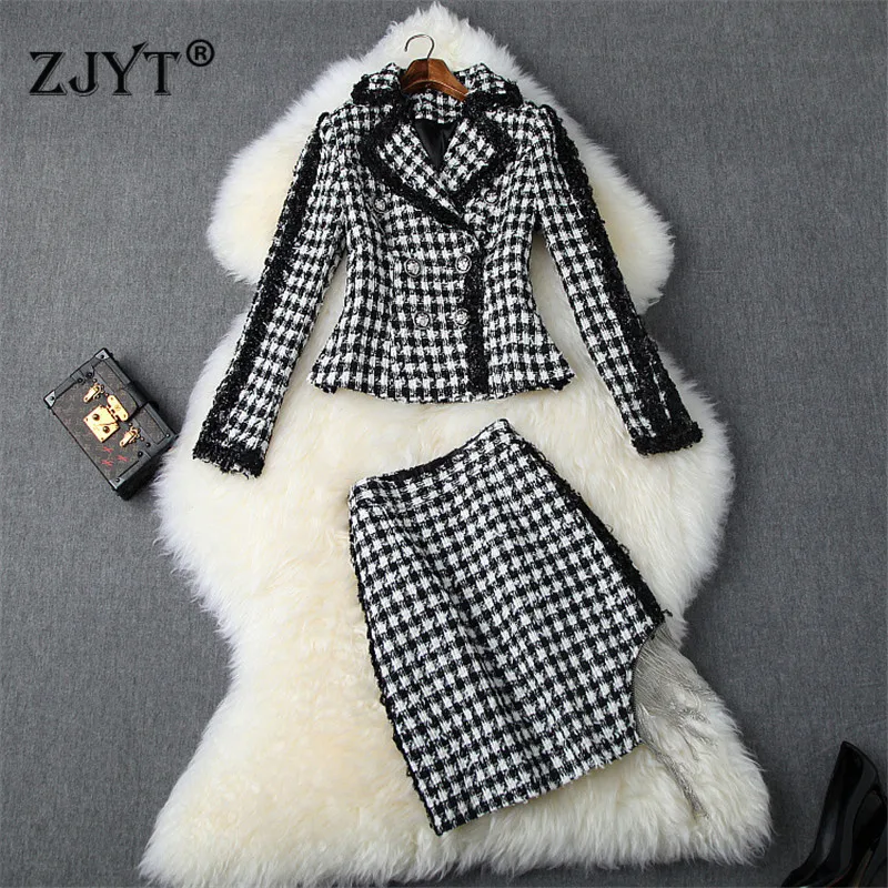 

Top Brand Fashion Runway Skirt 2Piece Set Women 2019 Autumn Winter Plaid Beading Tassel Tweed Woolen Jacket and Skirt Suit Set
