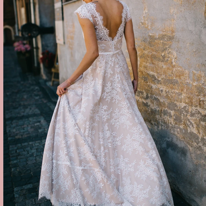 Элегантное кружевное богемное свадебное платье цвета шампанского ТРАПЕЦИЕВИДНОЕ свадебное платье с коротким рукавом и открытой спиной элегантное платье для невесты vestido de noiva