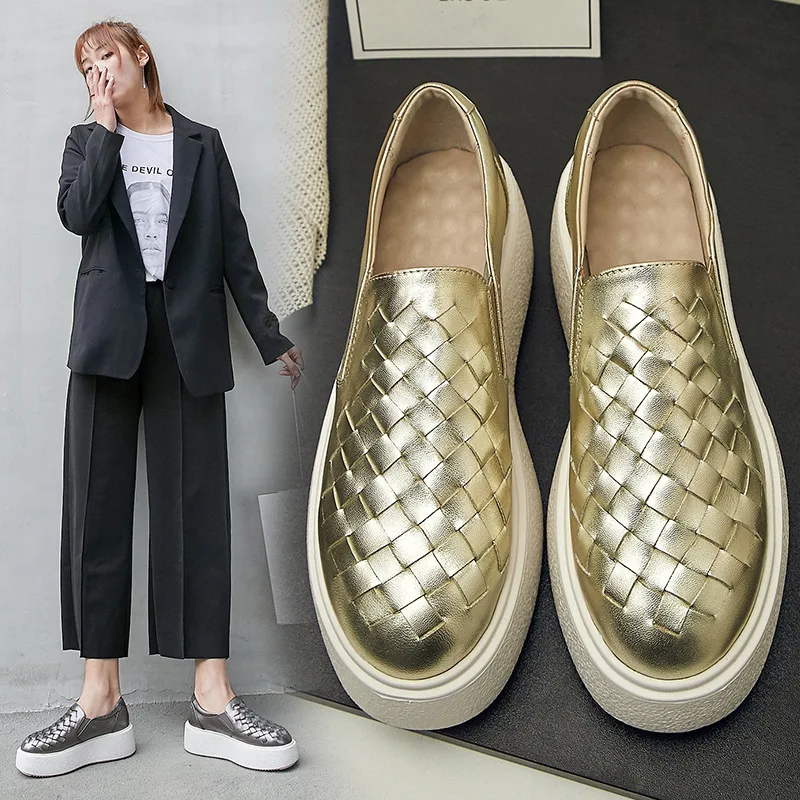 

Genuine Leather Spring Shoes Women's round-Toe Slip-on Loafers 2019 New Style Thick Bottomed Platform Shoes Women's Versatile Fl