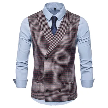 

CSBC-9696 New Fashion Autumn New Men's Casual Lapel British Style Houndstooth Double-breasted Suit Vest
