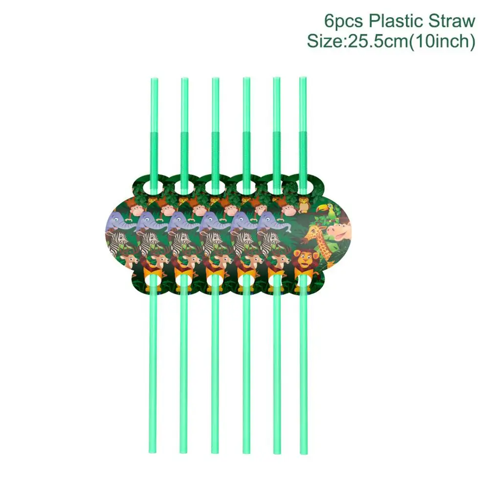 Plastic Straw 6PCS Huiran зеленые джунгли посуда в виде животных для вечеринки в стиле сафари Декор День рождения украшения день рождения детей, мальчика тема пластины для дня рождения комплект - Цвет: Plastic Straw 6PCS