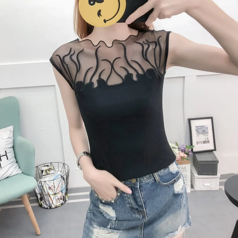 

Summer Lace Stitching Lace Openwork Camisole Female Round Neck Slim Sexy Sleeveless Solid Color Shirt Wild Woman Clothes