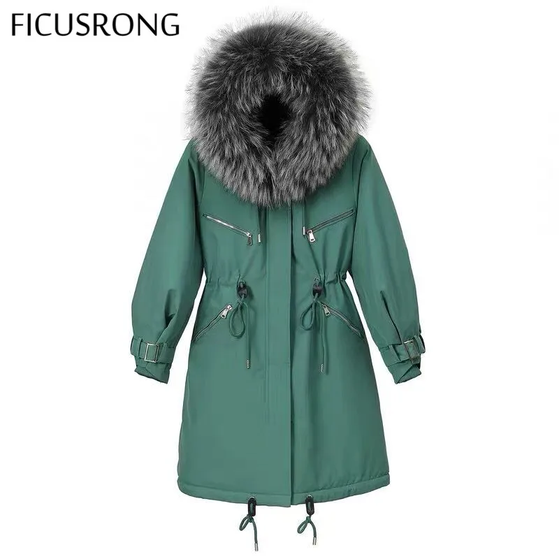 

Warm Women's Winter Jackets Belt Big Faux Fur Coats Parkas Fashion Long Lamb Hair Liner Parker Cotton Jacket Coat FICUSRONG