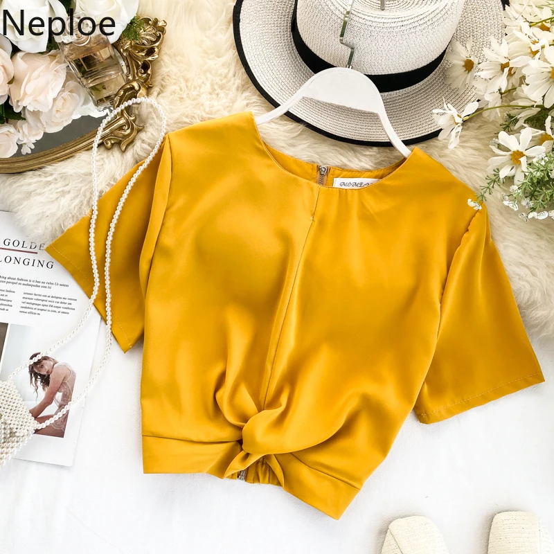 

Neploe Knot Solid Women Blouses Spring 2020 O Neck Back Zipper Female Shirts Chic Slim Waist Short Sleeve Ladies Tops 81219