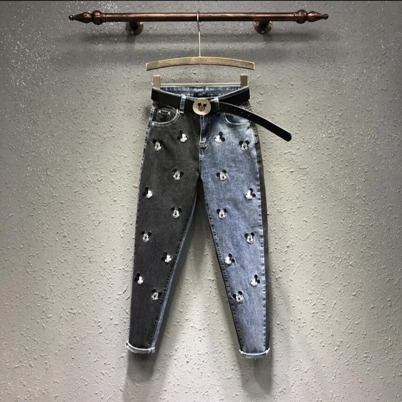 

Disney Spring/summer 2020 New Heavy Mickey Mouse Embroidered Jeans Personality Student Harem Trouser Women Slim Denim Pants Mid