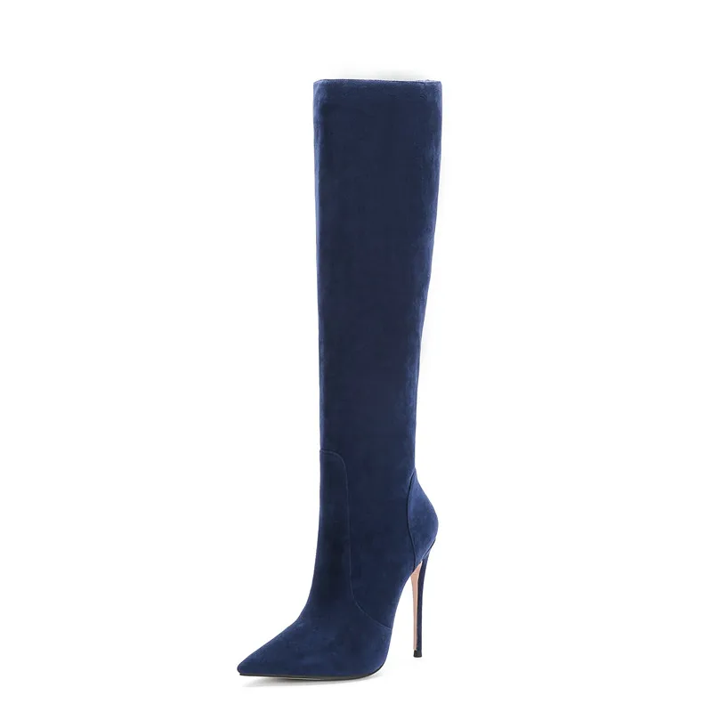 dark blue MORAZORA/; женские сапоги до колена с острым носком; осенне-зимние высокие сапоги из флока; женская обувь на очень тонком высоком каблуке; большой размер 45 - Цвет: dark blue