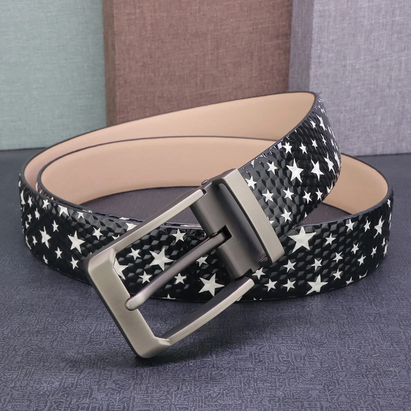 

Fashion belt men black pin buckle luxury brand genuine leather star pattern high quality Waist Strap Cowskin cintos masculinos