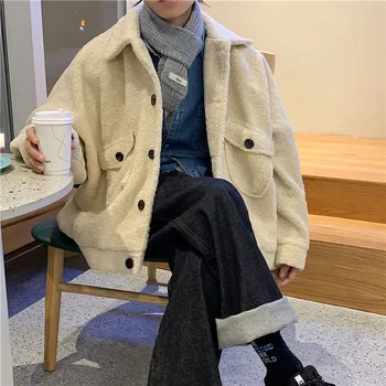 

2019 Autumn And Winter New Korean Men's Thickened Lapel Cotton Fashion Casual Solid Single-breasted Coat Beige / Brown / Grey