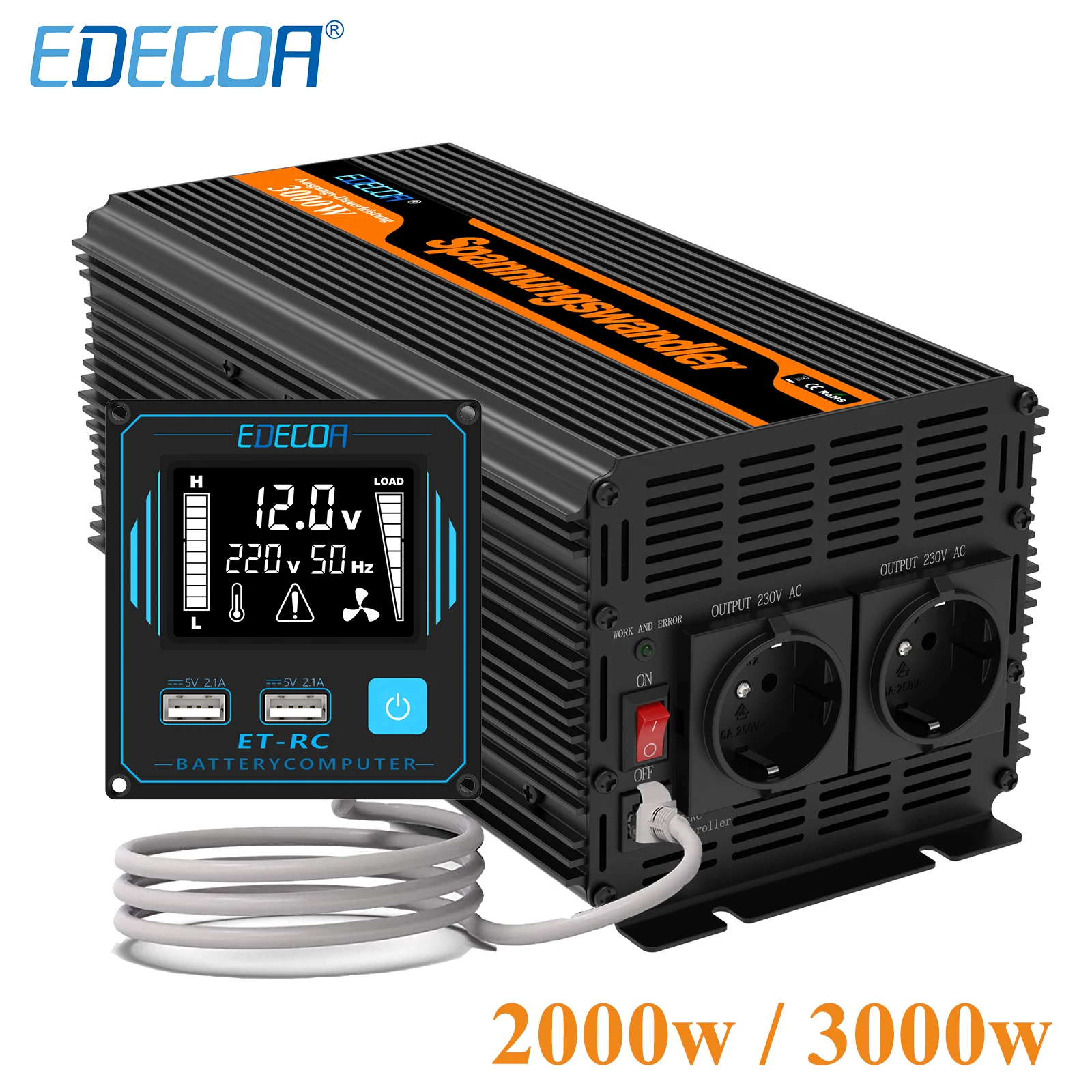 3000W EDECOA 2000W Modified Sine Wave Power Converter DC 12V 24V To AC ...