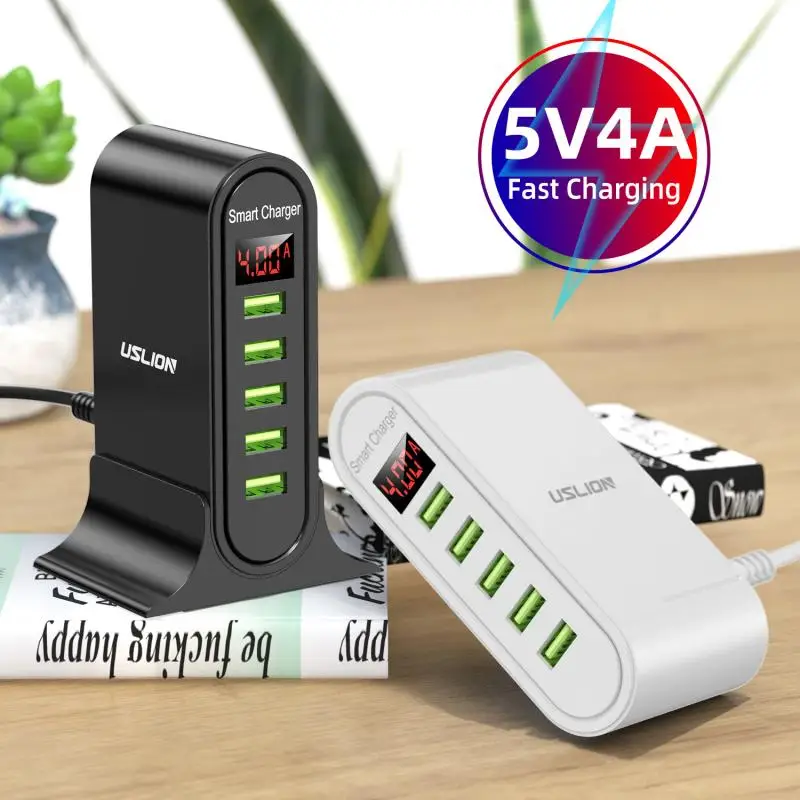 

5V 4A 5-port USB Mobile Phone Charger Desktop Travel Smart Charger LED Digital Display Charger Bracket Fast Charger For Phone