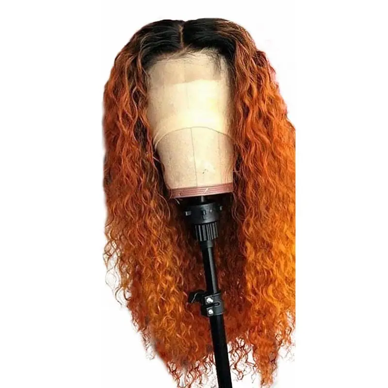 1B 27 цвет Омбре кудрявые кружева передние человеческие волосы парики с детскими волосами 13*4 бразильские волосы remy парик шнурка средняя часть отбеленные узлы - Цвет: T1B orange