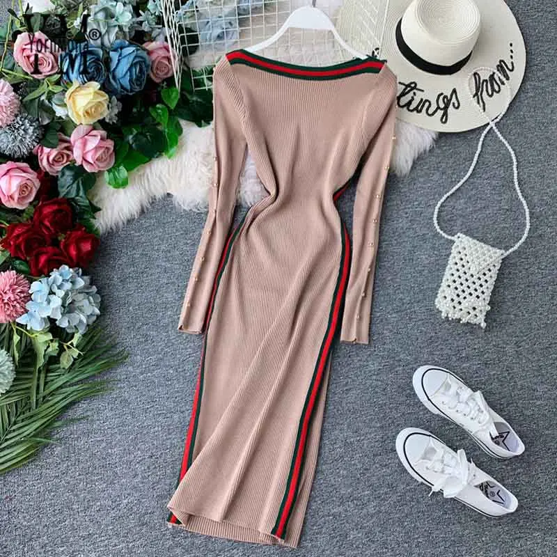 Button Khaki Jornmona женское осеннее облегающее платье Элегантное трикотажное платье миди с длинными рукавами Европейская мода дамское офисное платье Vestidos - Цвет: Button Khaki
