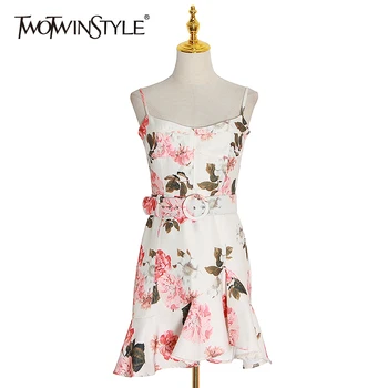 

TWOTWINSTYLE floral print elegant women's dress spaghetti square collar high waist sashes trumpet female dresses female 2020 new