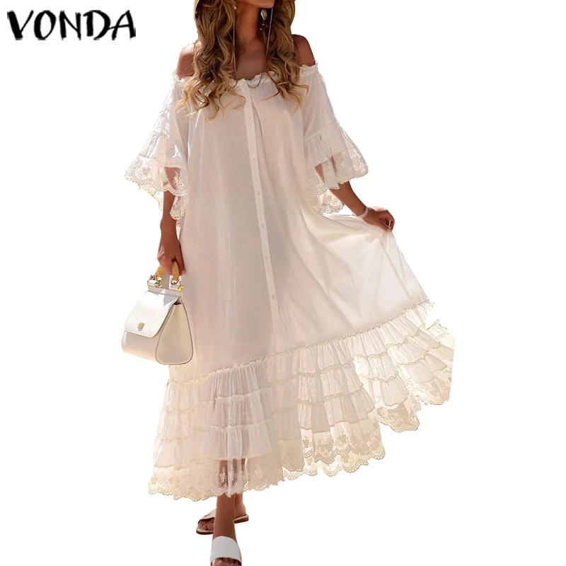 VONDA Летнее белое кружевное платье женское винтажное сексуальное с открытыми плечами Макси длинное богемное пляжное платье праздничное Vestidos плюс размер S-5XL - Цвет: Белый