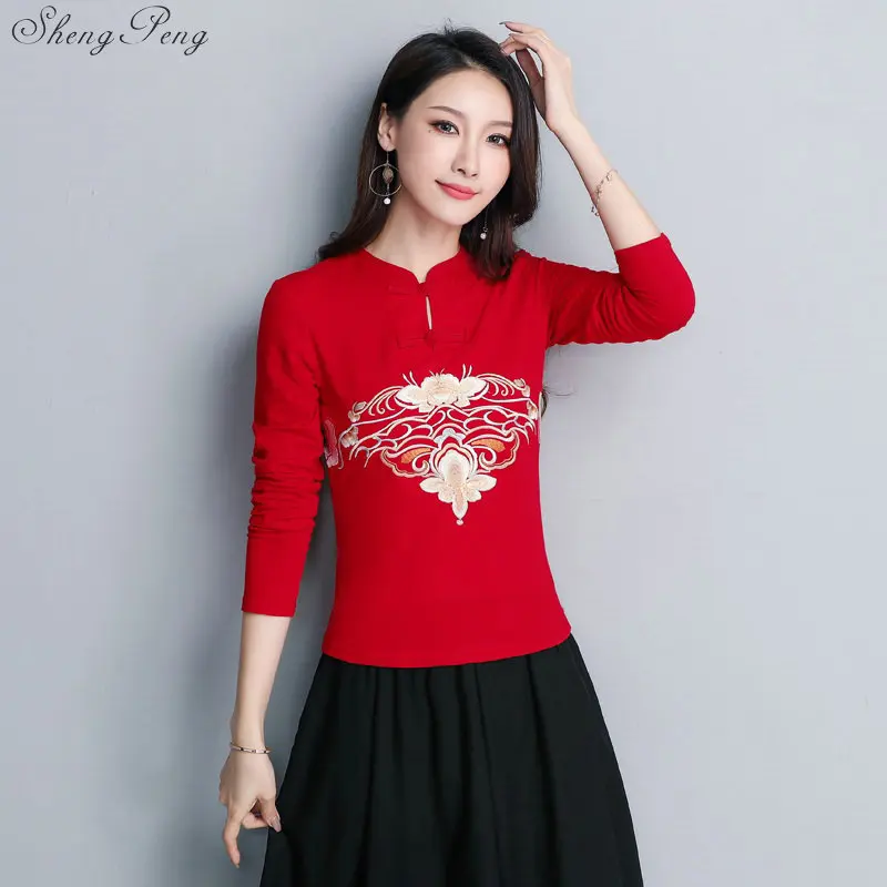 Cheongsam Топ Традиционный китайский костюм для женщин длинный рукав плюс размер 5XL рубашка хлопок винтажная одежда Топ Футболка Блузка V1696