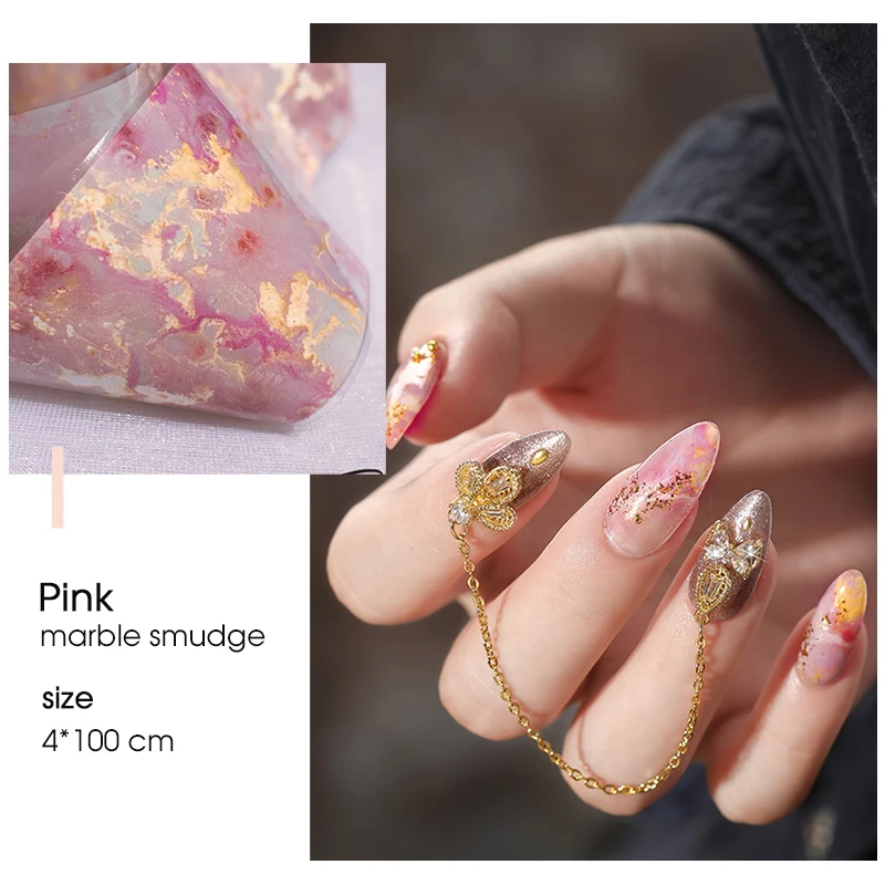 HNUIX 100cm Pink Marble Leaf Nail Sticker Starry Sky Transfer Glossy Marble Paper Nail Art Decal Gel Slider